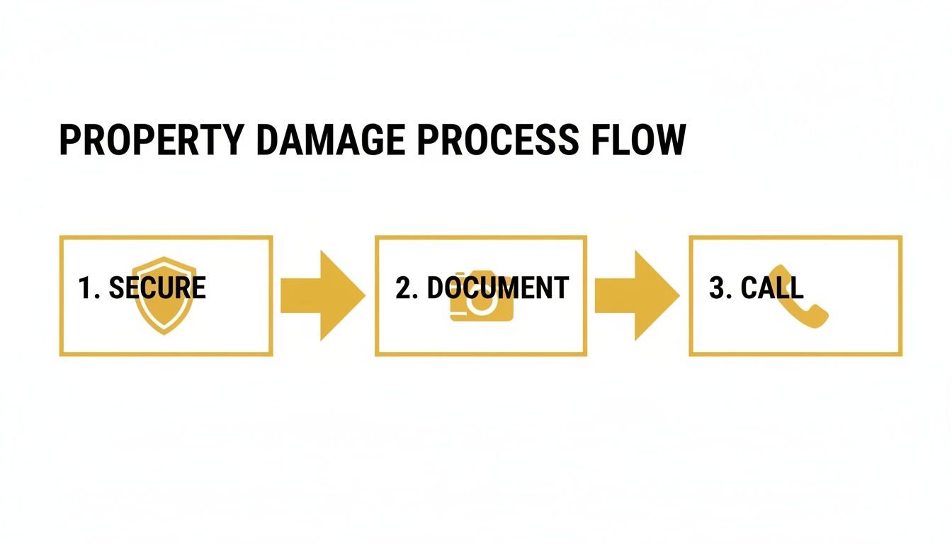 A three-step property damage claim process flow with icons: secure, document, and call.