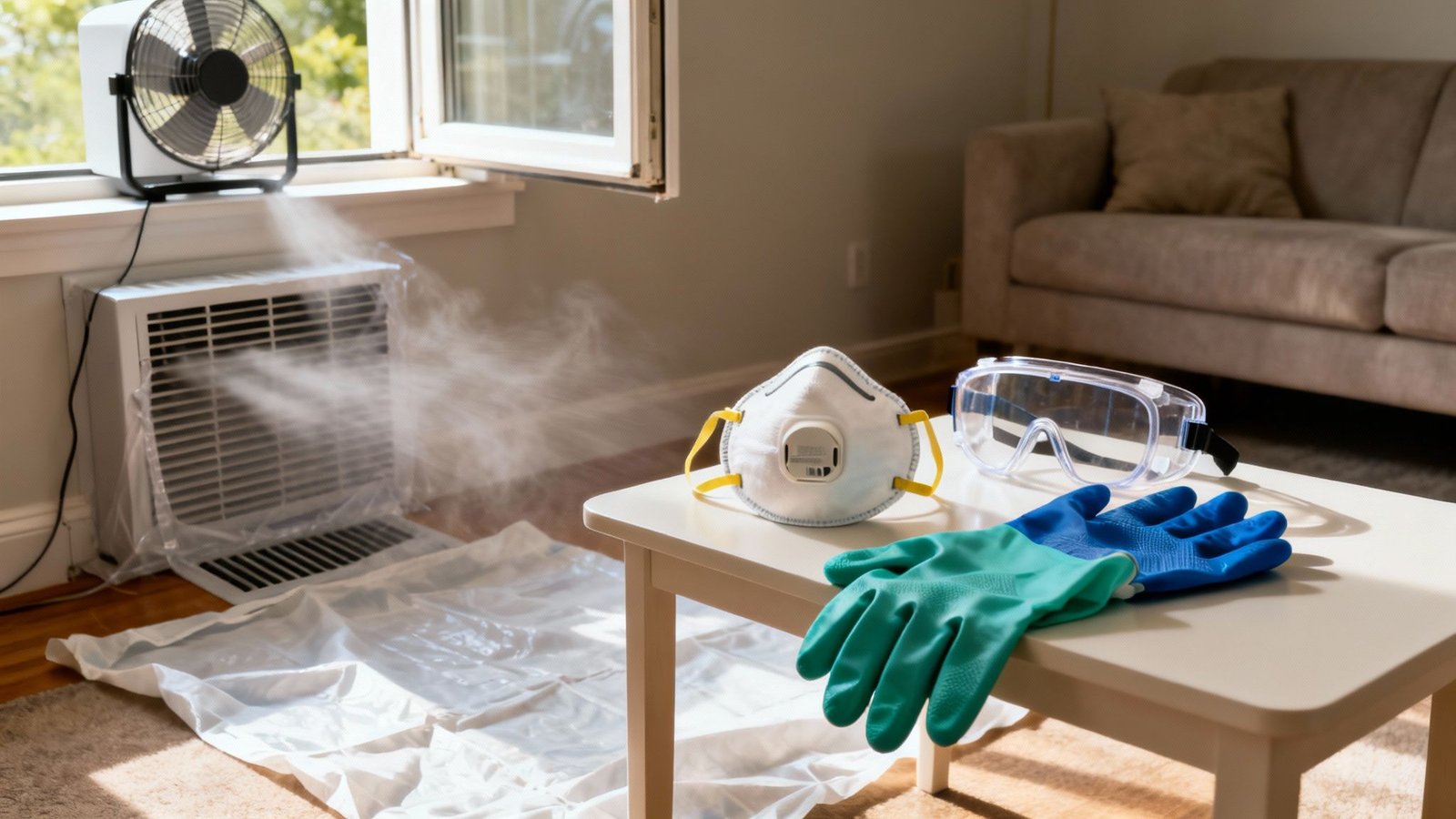 How to Clean Soot Off Walls: A Los Angeles Homeowner’s Guide 2 Protective gear like mask, goggles, and gloves on a table near a fan and AC mist.