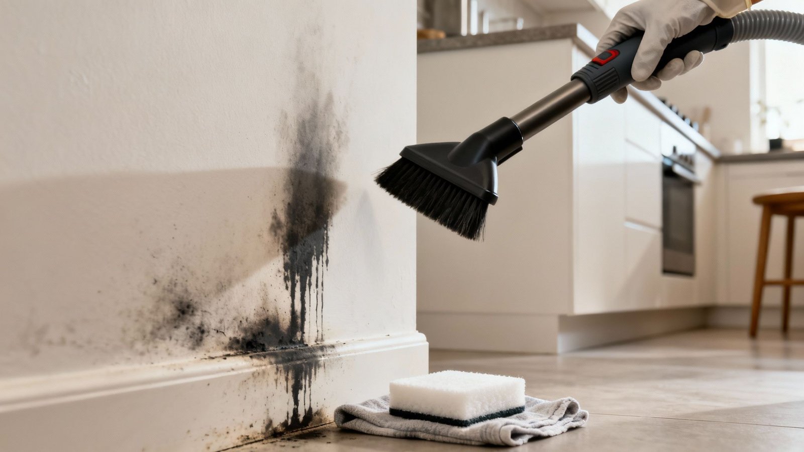 How to Clean Soot Off Walls: A Los Angeles Homeowner’s Guide 1 Gloved hand using a vacuum brush to clean heavy black mold and soot off a white wall.
