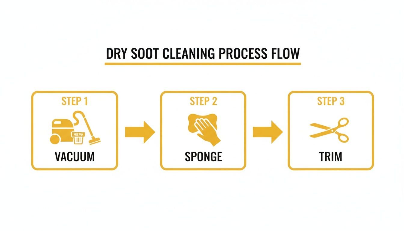How to Clean Soot Off Walls: A Los Angeles Homeowner’s Guide 3 Flowchart illustrating the dry soot cleaning process, detailing steps: vacuum, sponge, and trim.