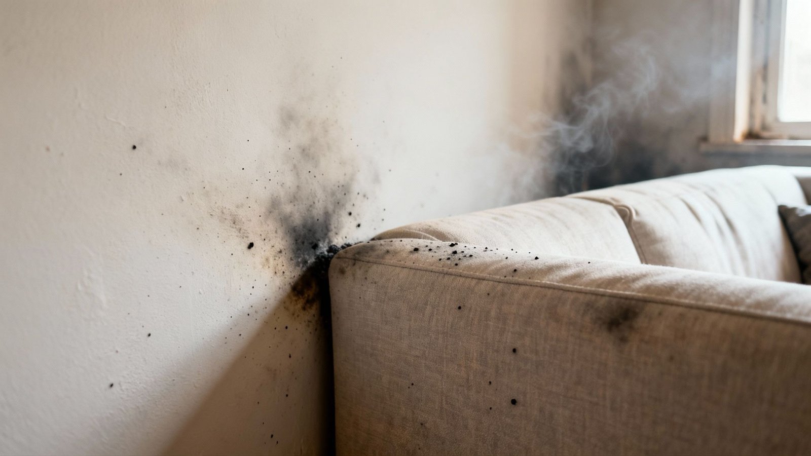 Close-up of a wall and sofa with burn marks, soot, and smoke indicating recent fire damage.