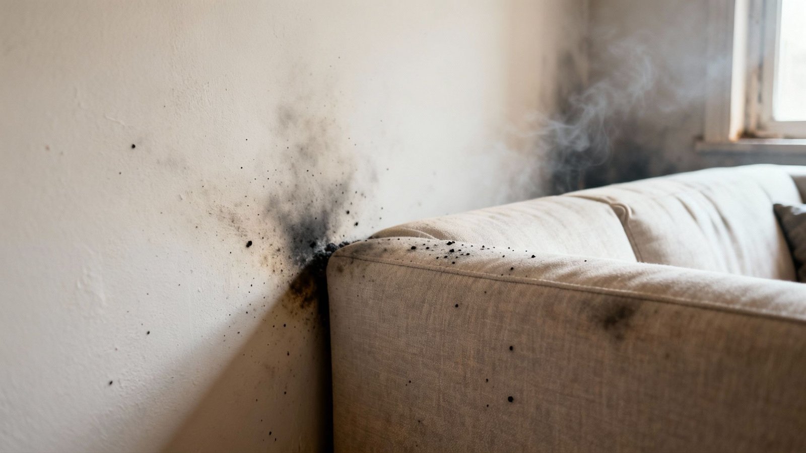 Close-up of a wall and sofa with burn marks, soot, and smoke indicating recent fire damage.