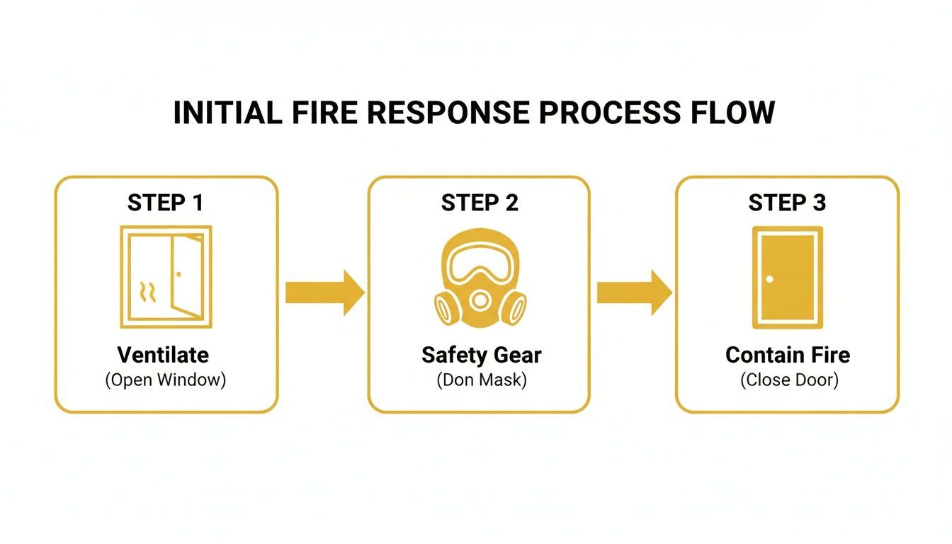 Flowchart detailing three steps for initial fire response: ventilate, safety gear, contain fire.
