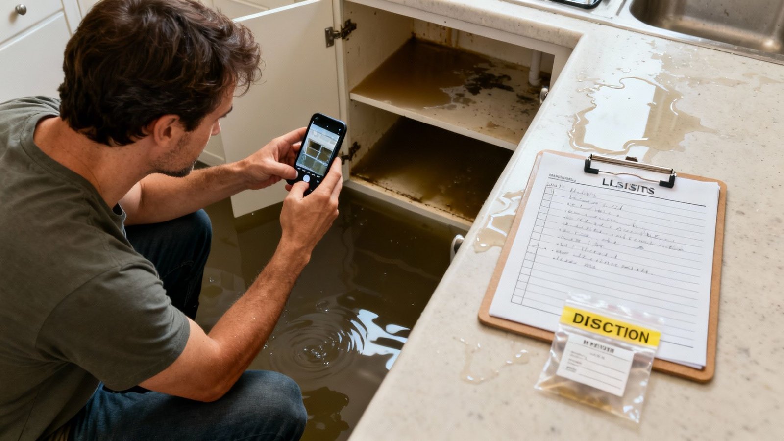 A man photographs severe water damage and dark standing water under a kitchen sink.