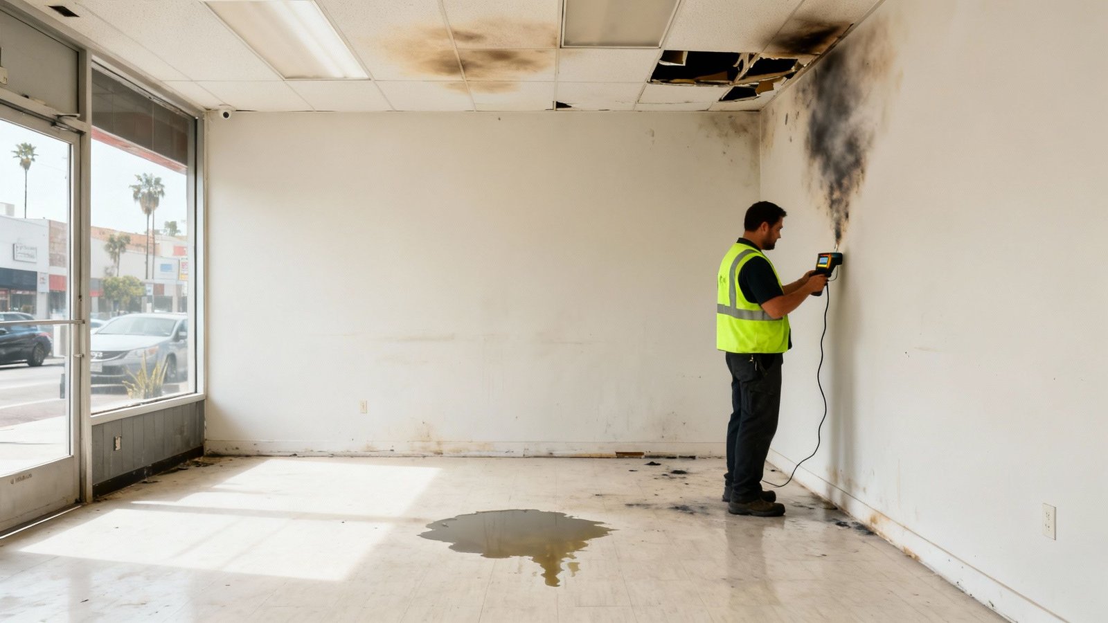A man in a yellow vest inspects extensive fire and water damage in a commercial building.