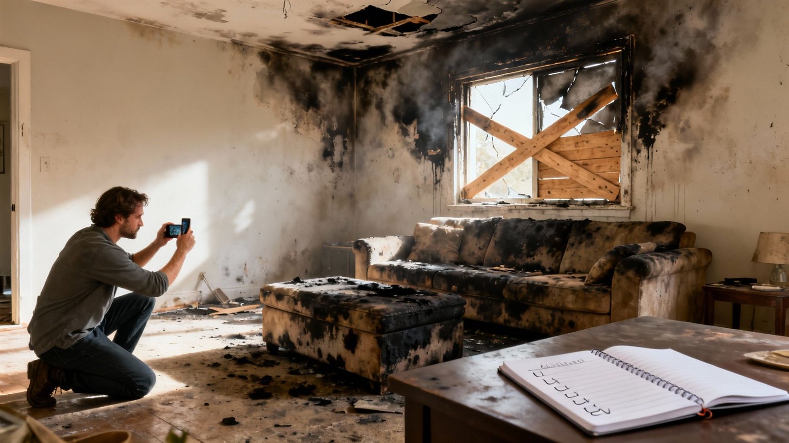 What To Do After a House Fire: A Practical Guide for Los Angeles Homeowners 3 Man photographs severe fire damage in his living room, showing burnt furniture, smoke-stained walls, and a broken window.