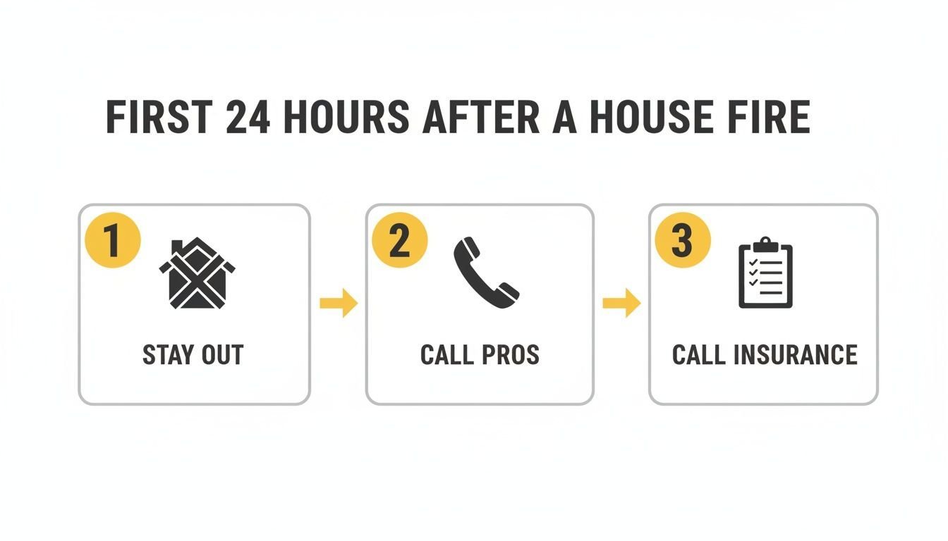 Infographic outlining three crucial steps for the first 24 hours after a house fire: stay out, call professionals, and contact insurance.