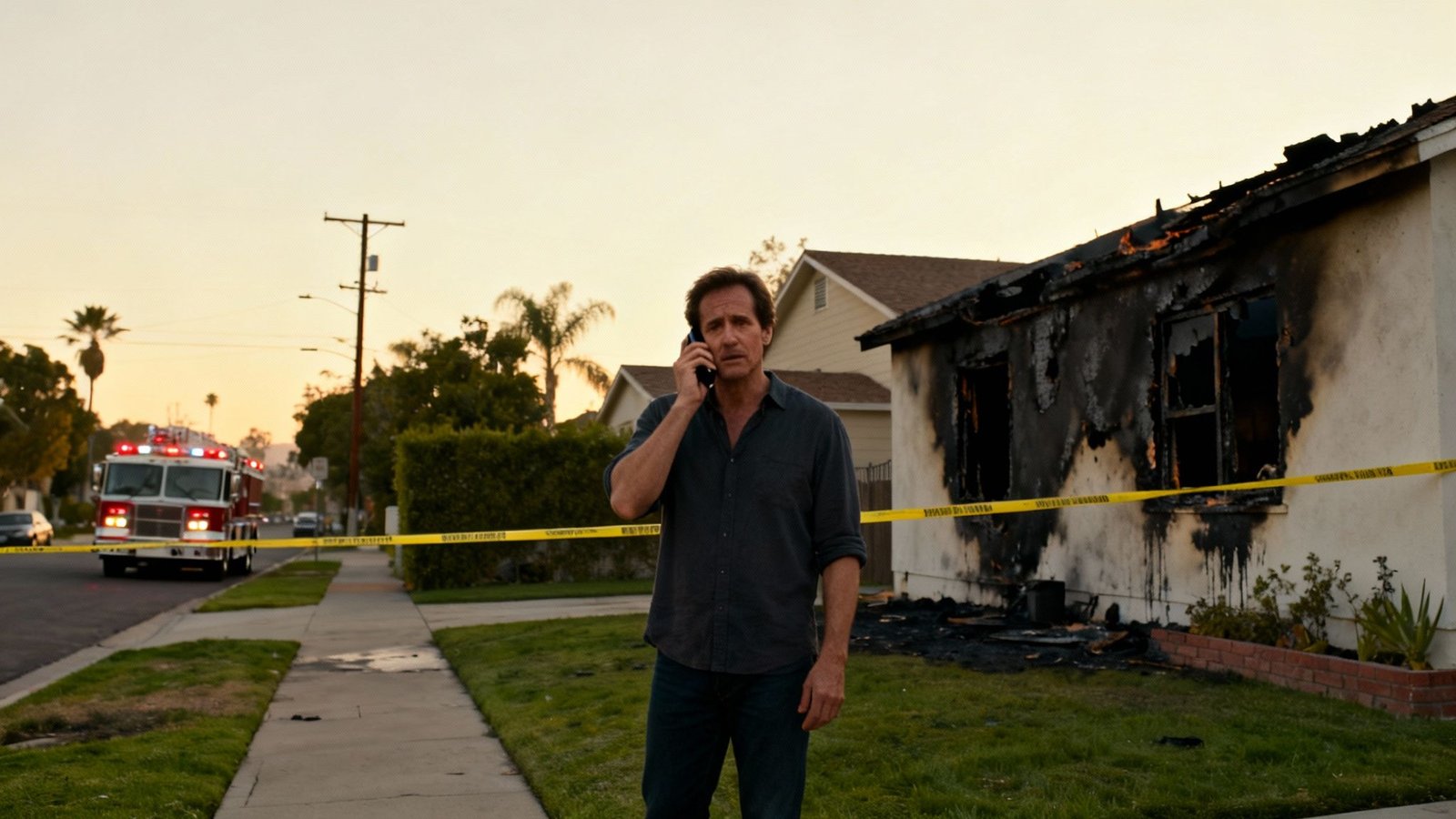 What To Do After a House Fire: A Practical Guide for Los Angeles Homeowners 2 A man on the phone stands in front of a house severely damaged by fire, with a fire truck in the distance.