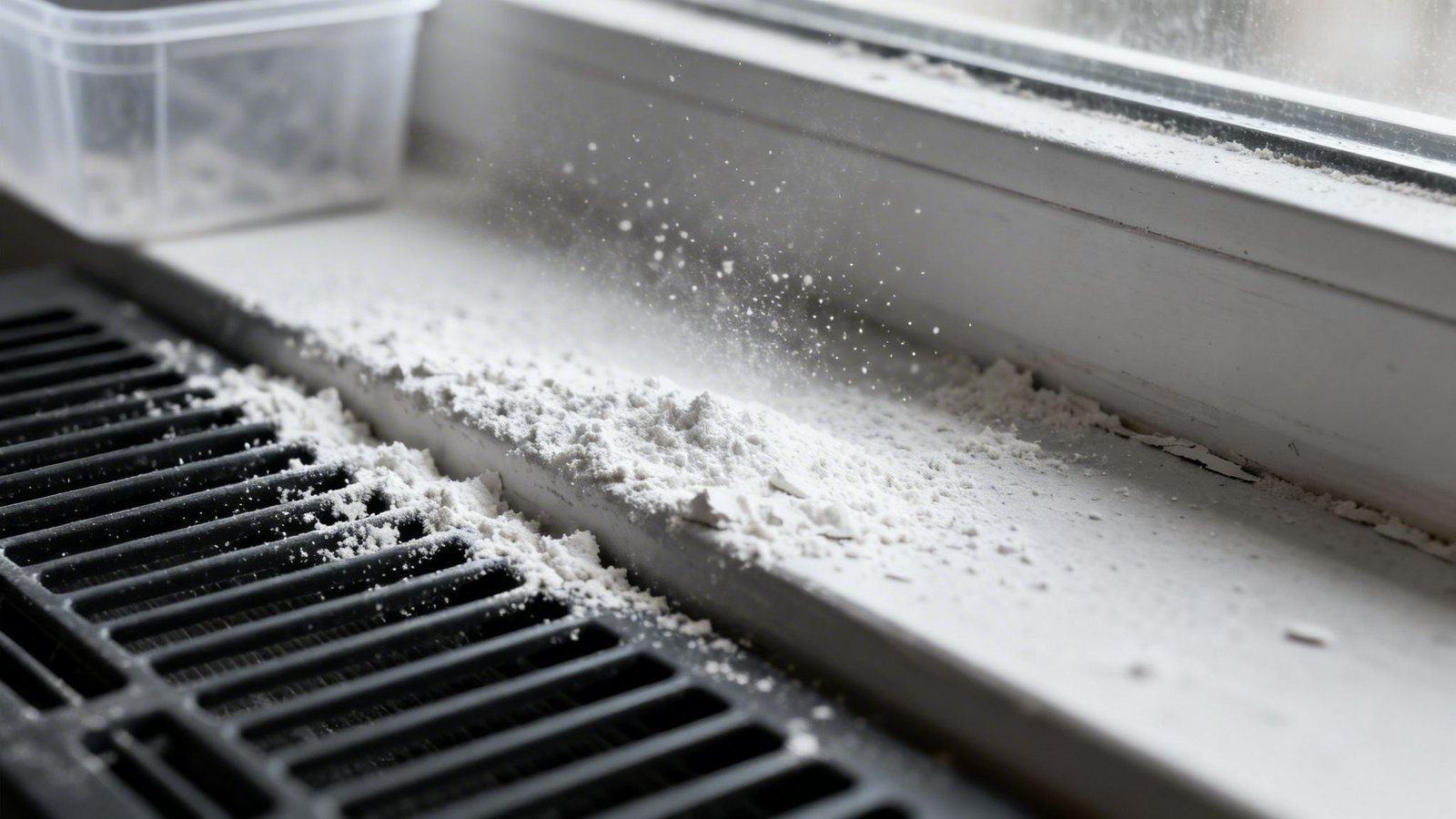 White drywall dust covers a dirty windowsill and air vent with particles in the air.