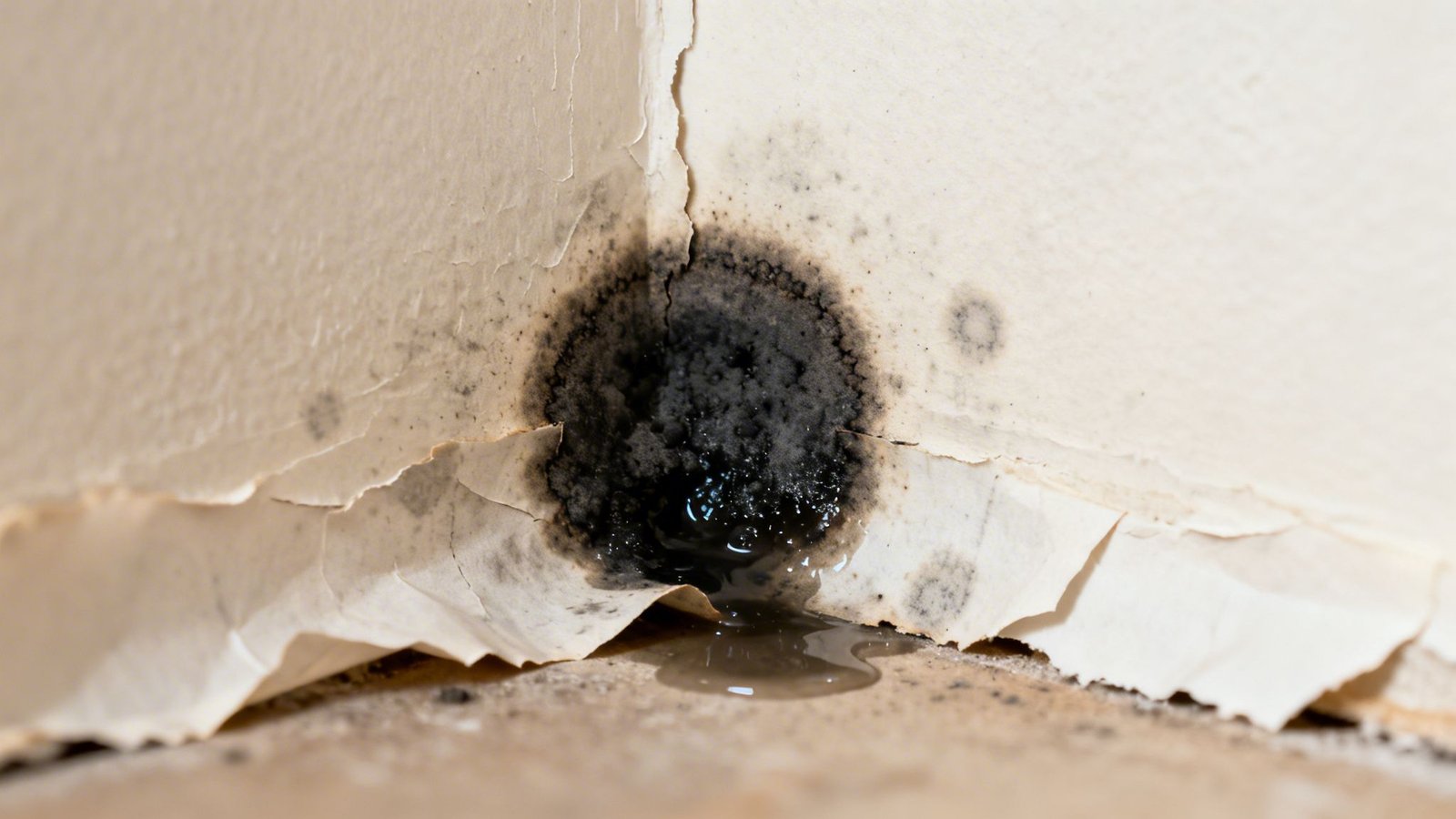 Close-up of severe black mold and water damage in a house corner with peeling paint.