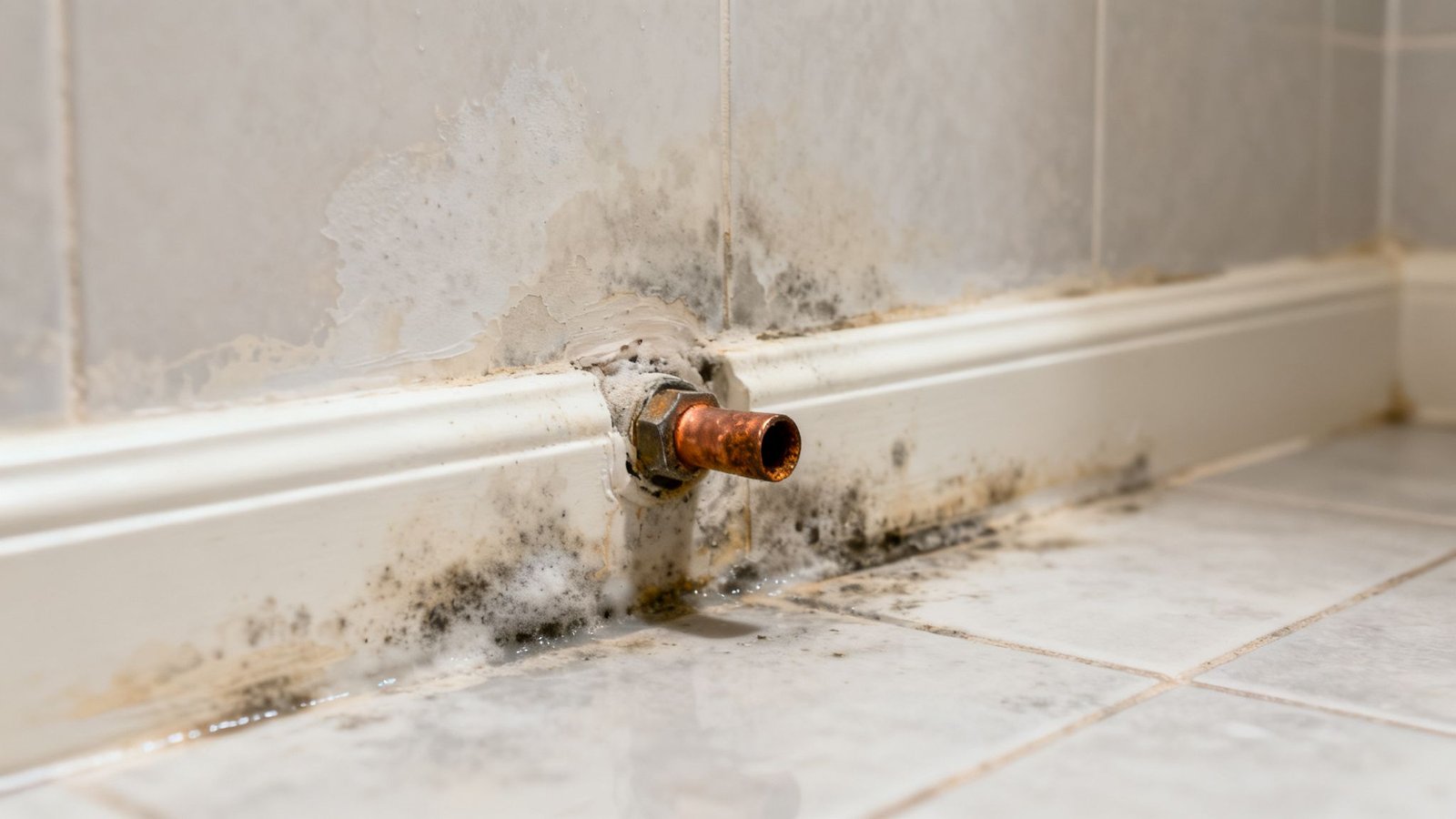 Severe black mold and water damage on a white wall, baseboard, and tiled floor near a copper pipe.