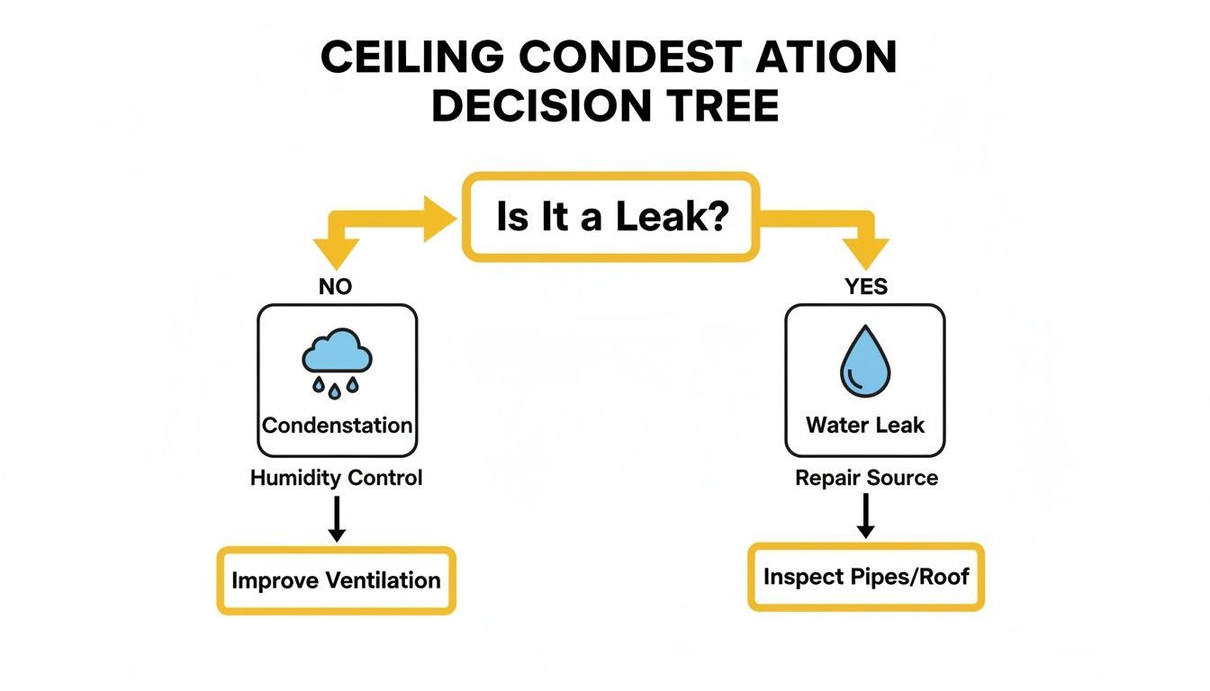 A decision tree flowchart showing steps to diagnose and address ceiling condensation or water leaks.