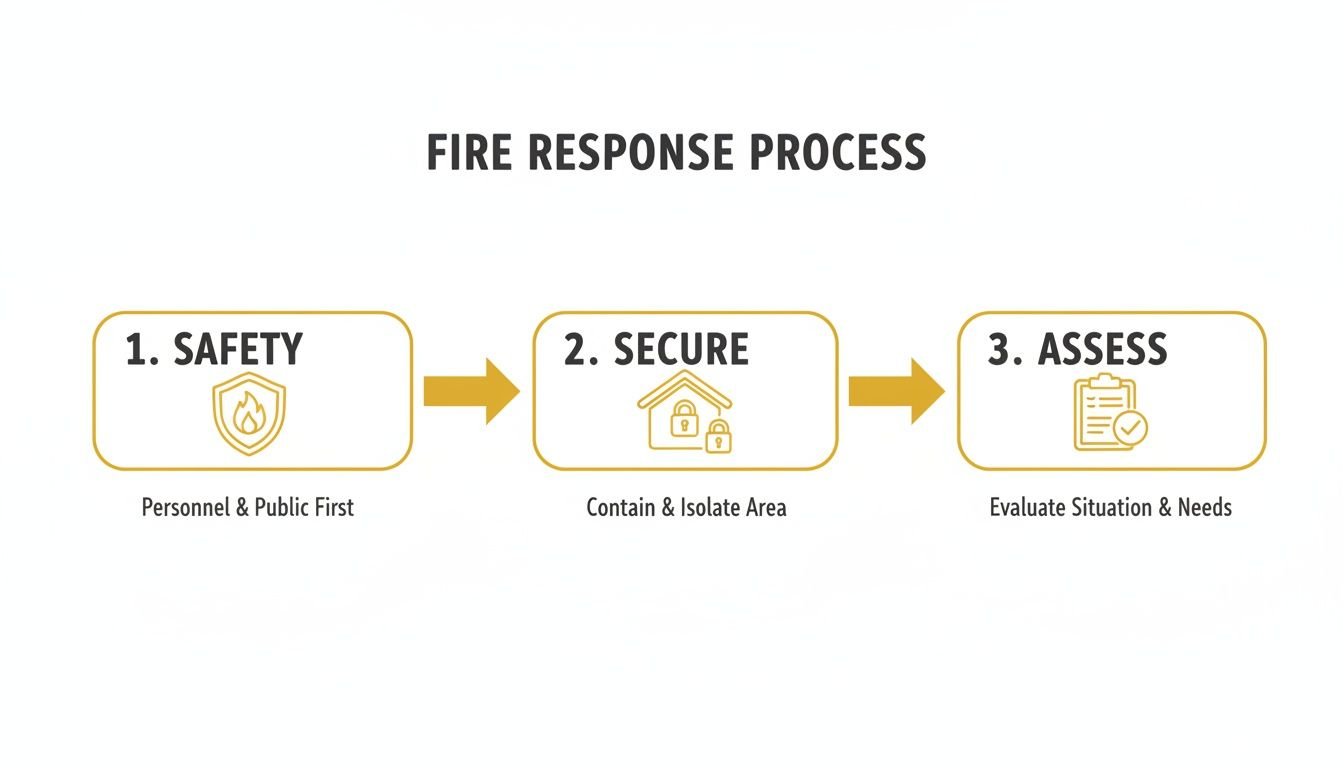 A diagram illustrating the 3-step fire response process: Safety, Secure, and Assess.