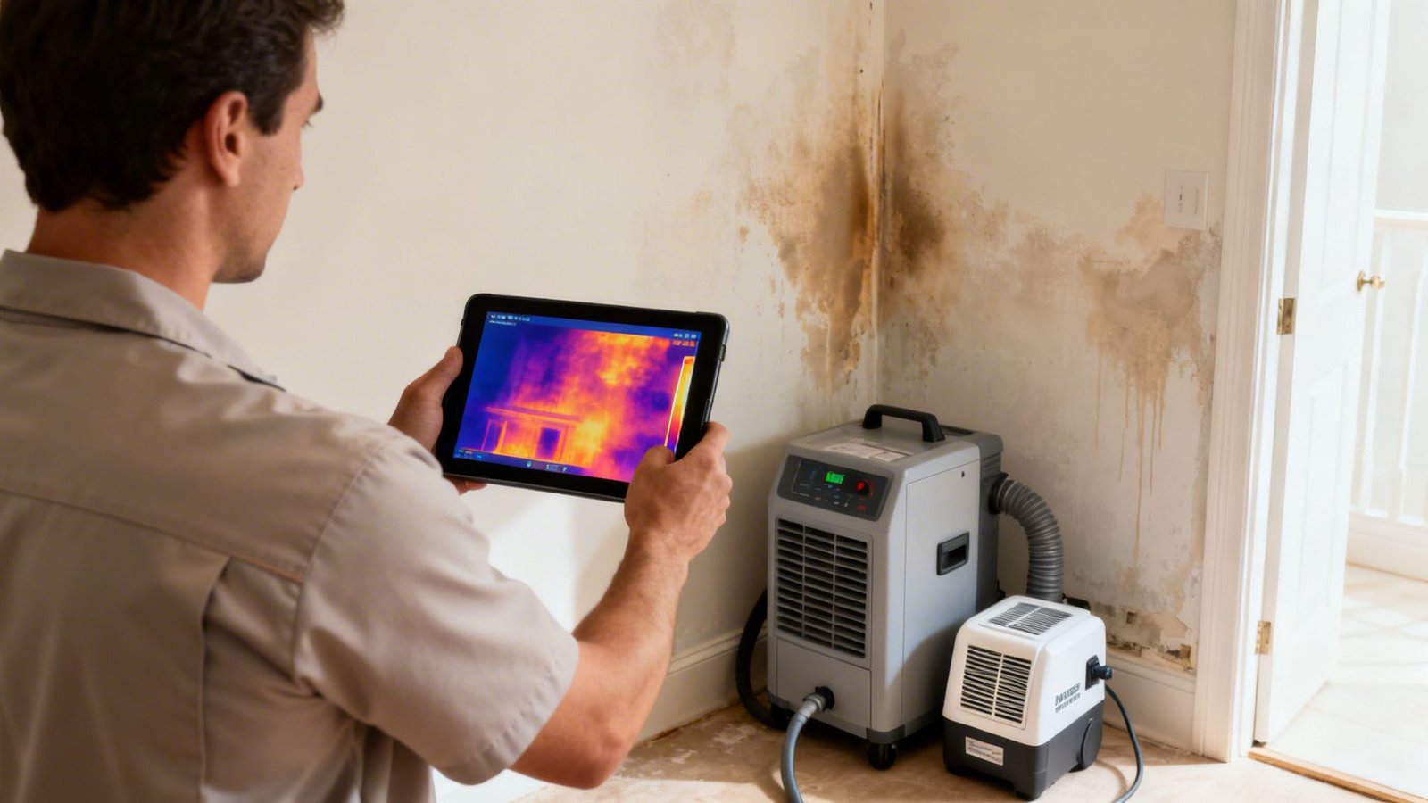 A man uses a thermal camera tablet to inspect a moldy wall in a water-damaged room with dehumidifiers.