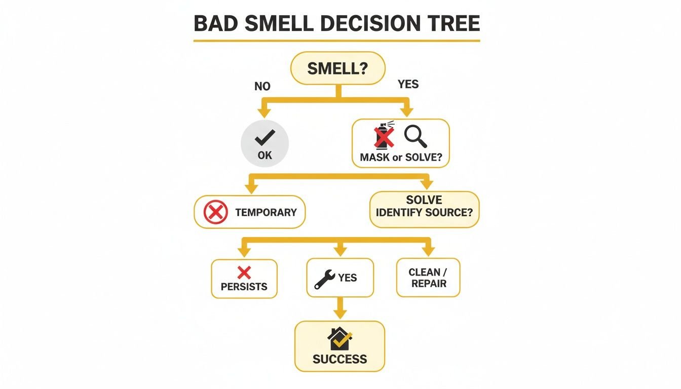 A bad smell decision tree flowchart illustrating steps to identify and solve household odor issues.