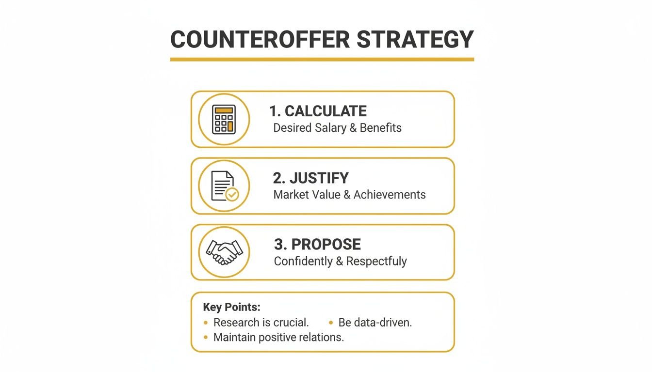 A step-by-step counteroffer strategy outlining how to calculate, justify, and propose a better offer.