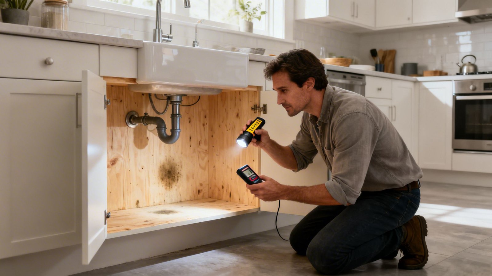 A man inspects mold and water damage under a kitchen sink with a flashlight and meter.