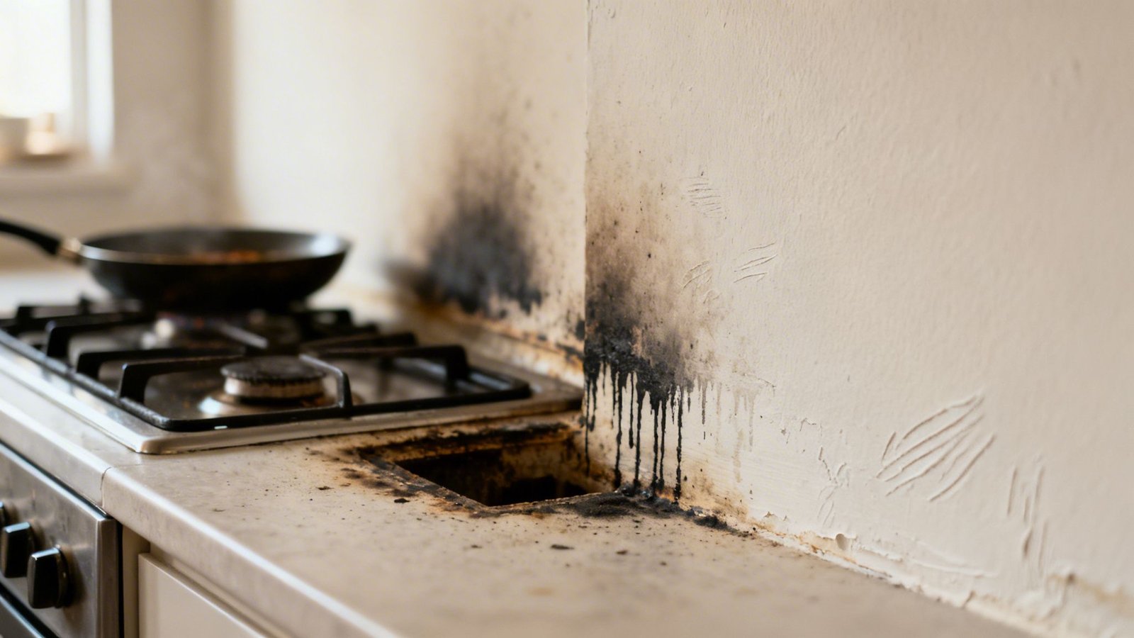 A gas stove in a kitchen with a pan on it and severe soot damage on the wall and countertop.