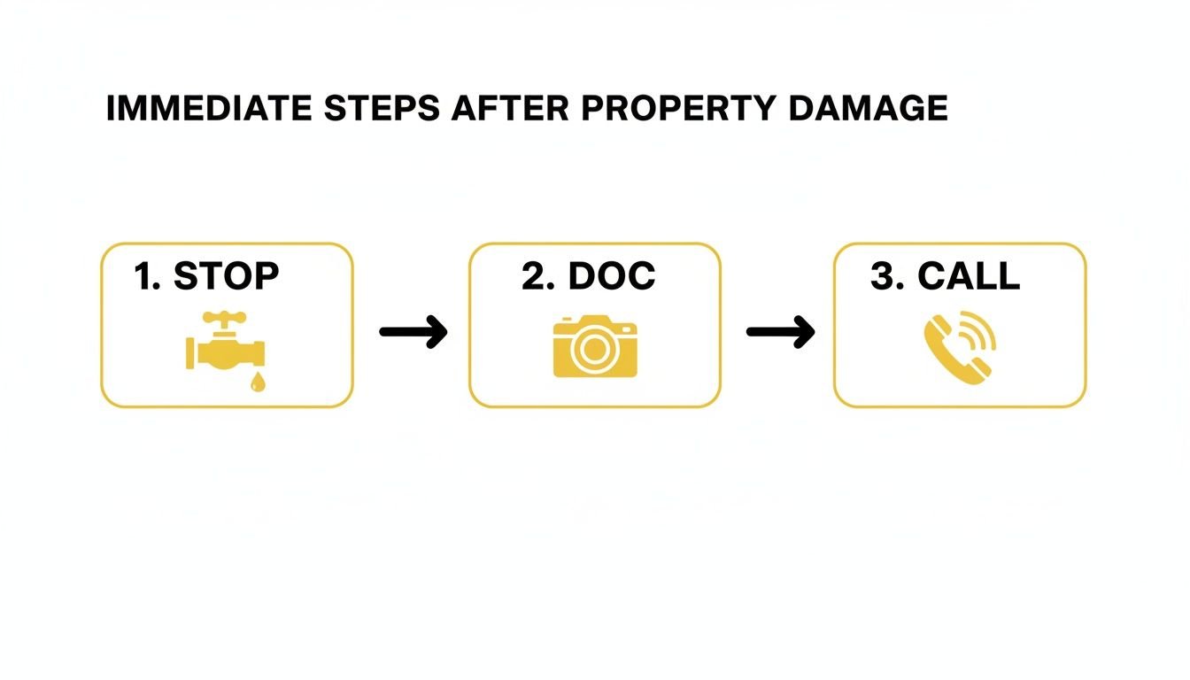 Infographic showing three immediate steps after property damage: stop the source, document the damage, and call for assistance.
