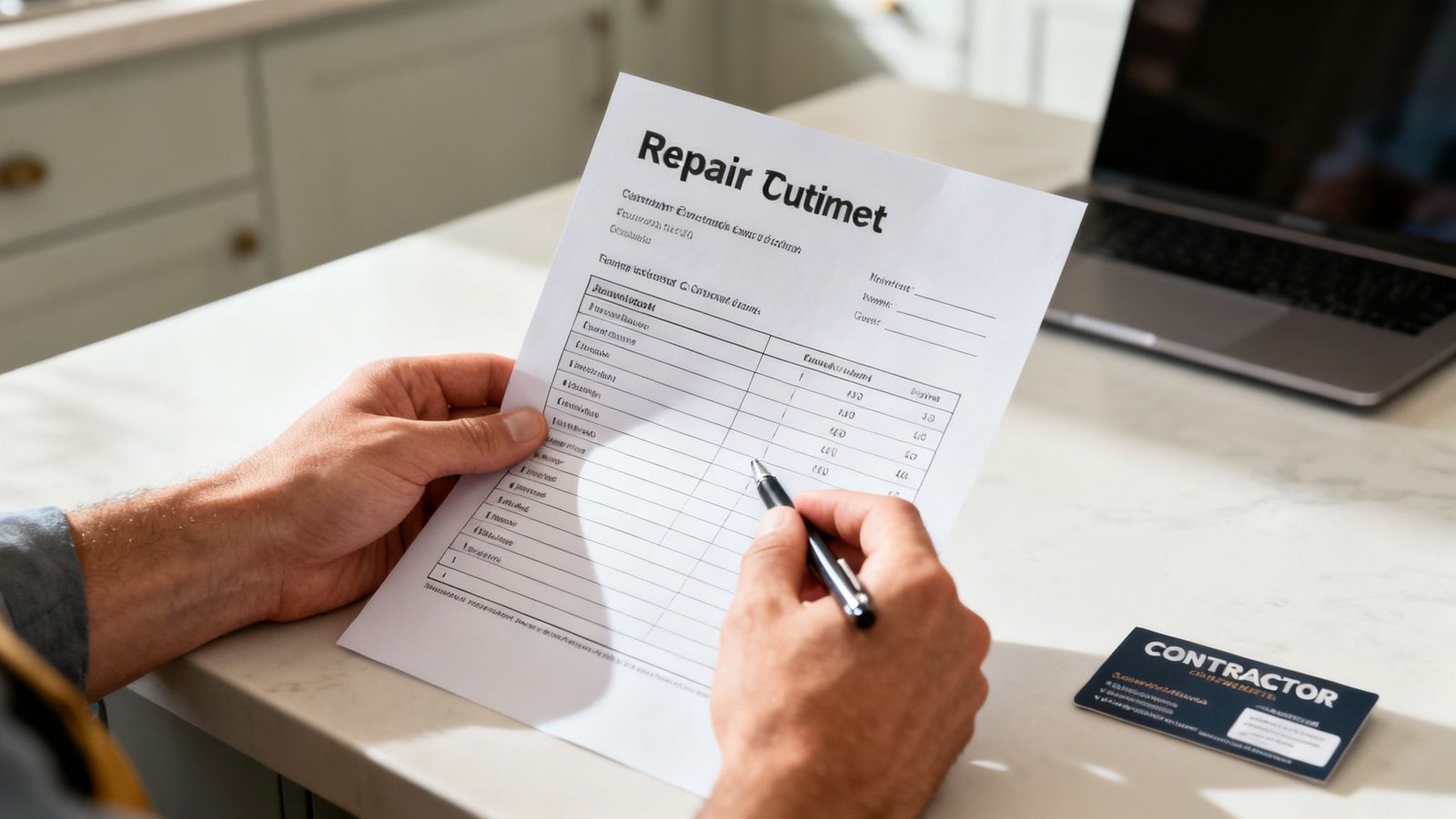 A person's hands holding a repair document and writing with a pen, next to a contractor card.