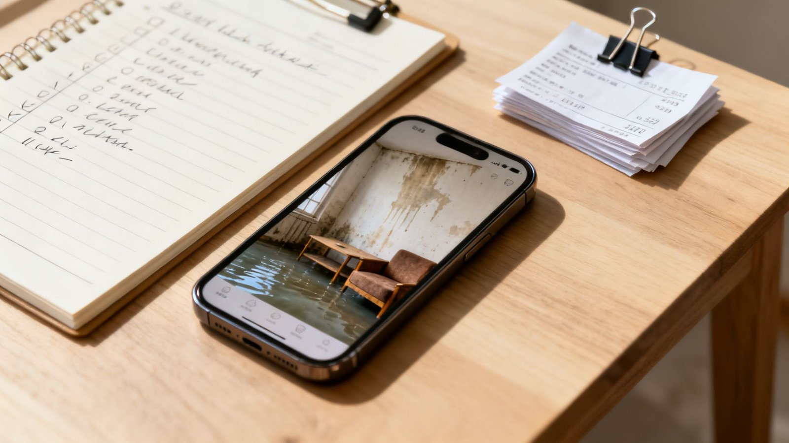 A smartphone on a wooden desk displays a flooded room with water damage, next to a notebook and papers.