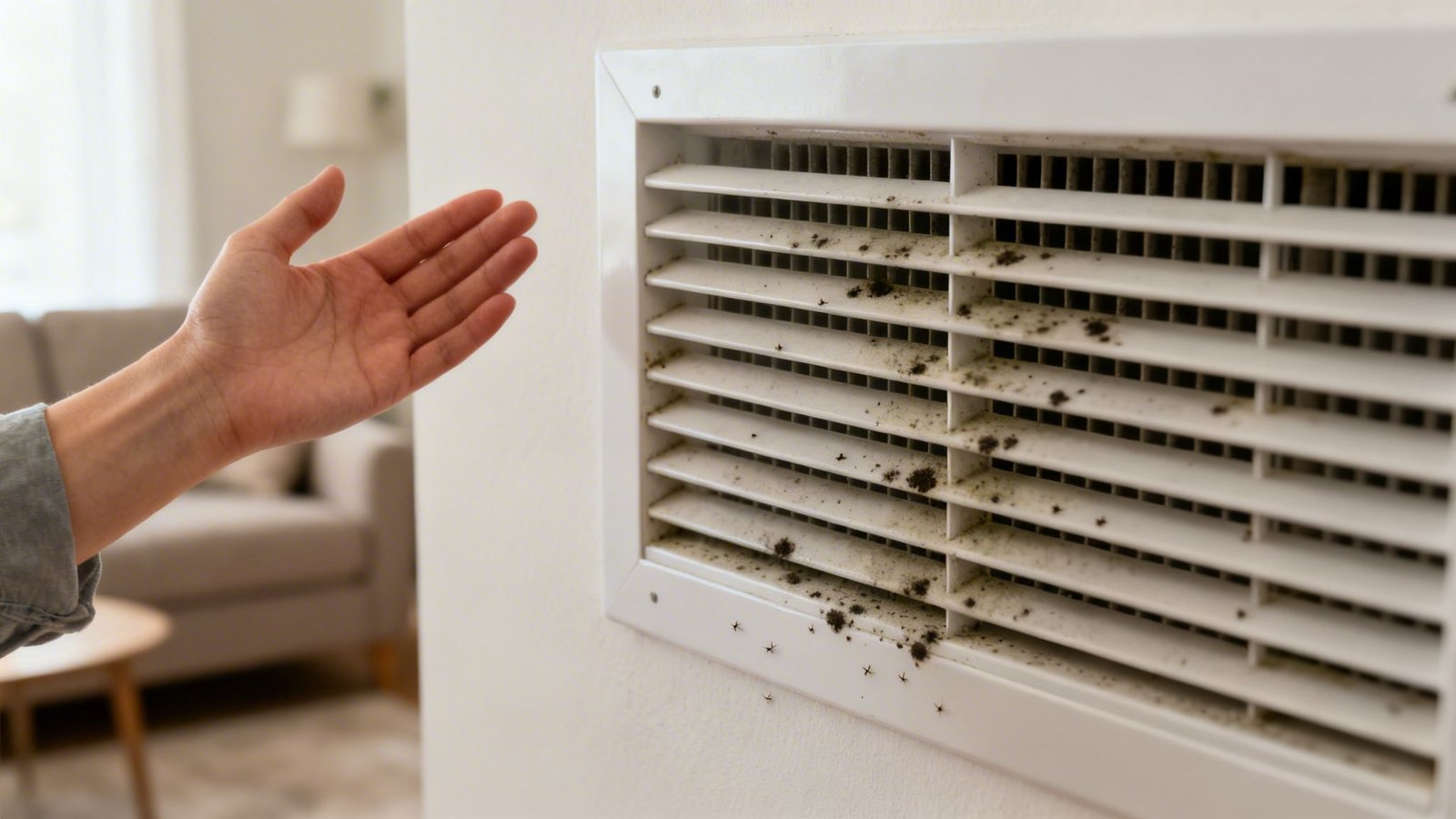 A person's hand near a dirty air conditioner vent covered in visible mold.