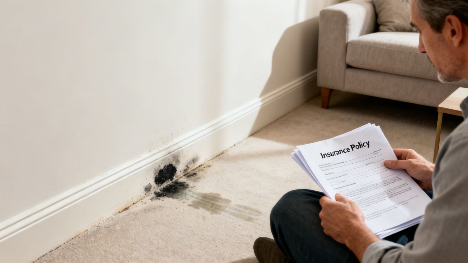 Man reads an insurance policy document while inspecting severe black mold and water damage on a wall and carpet.