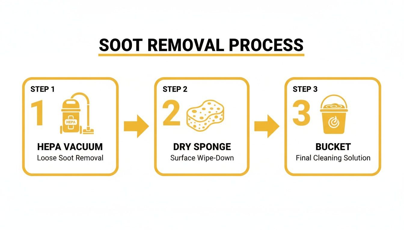 Infographic showing a 3-step soot removal process: HEPA vacuum, dry sponge, and final cleaning solution.