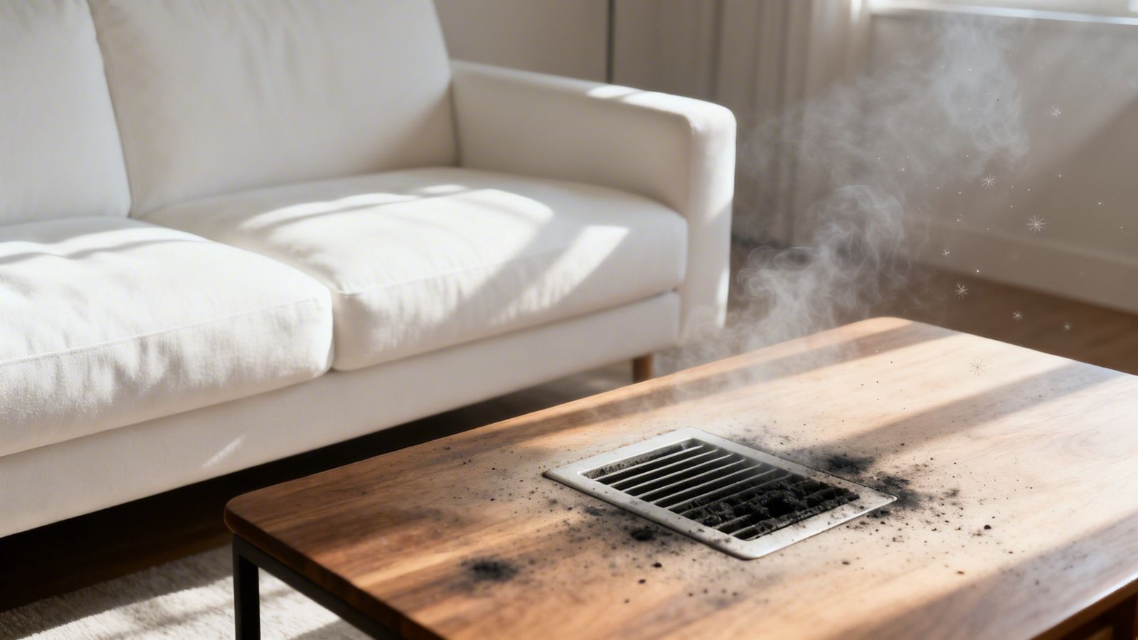 Smoke and soot spewing from a dirty vent on a wooden coffee table near a white sofa.