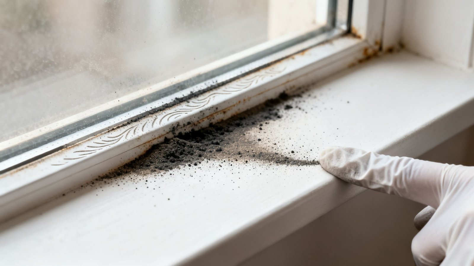 A gloved hand points to a white window sill heavily covered in black soot and debris.