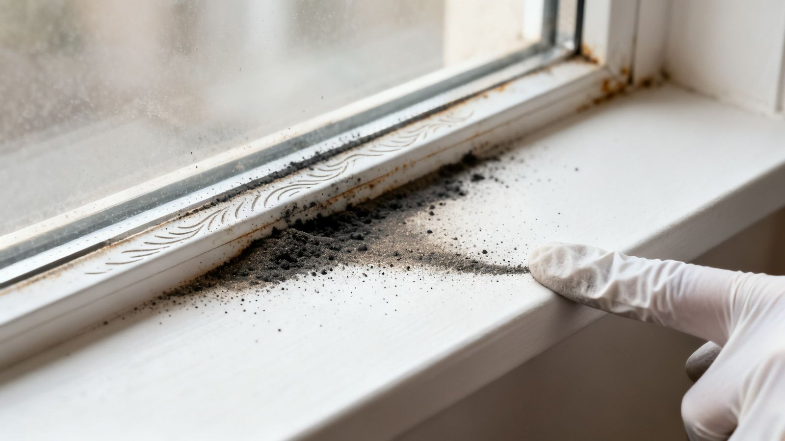 A gloved hand points to a white window sill heavily covered in black soot and debris.