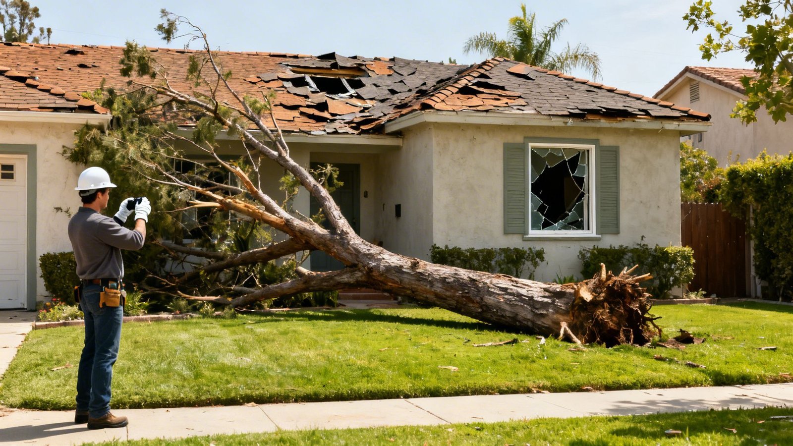 Man in hard hat photographs extensive storm damage to a house with a fallen tree.