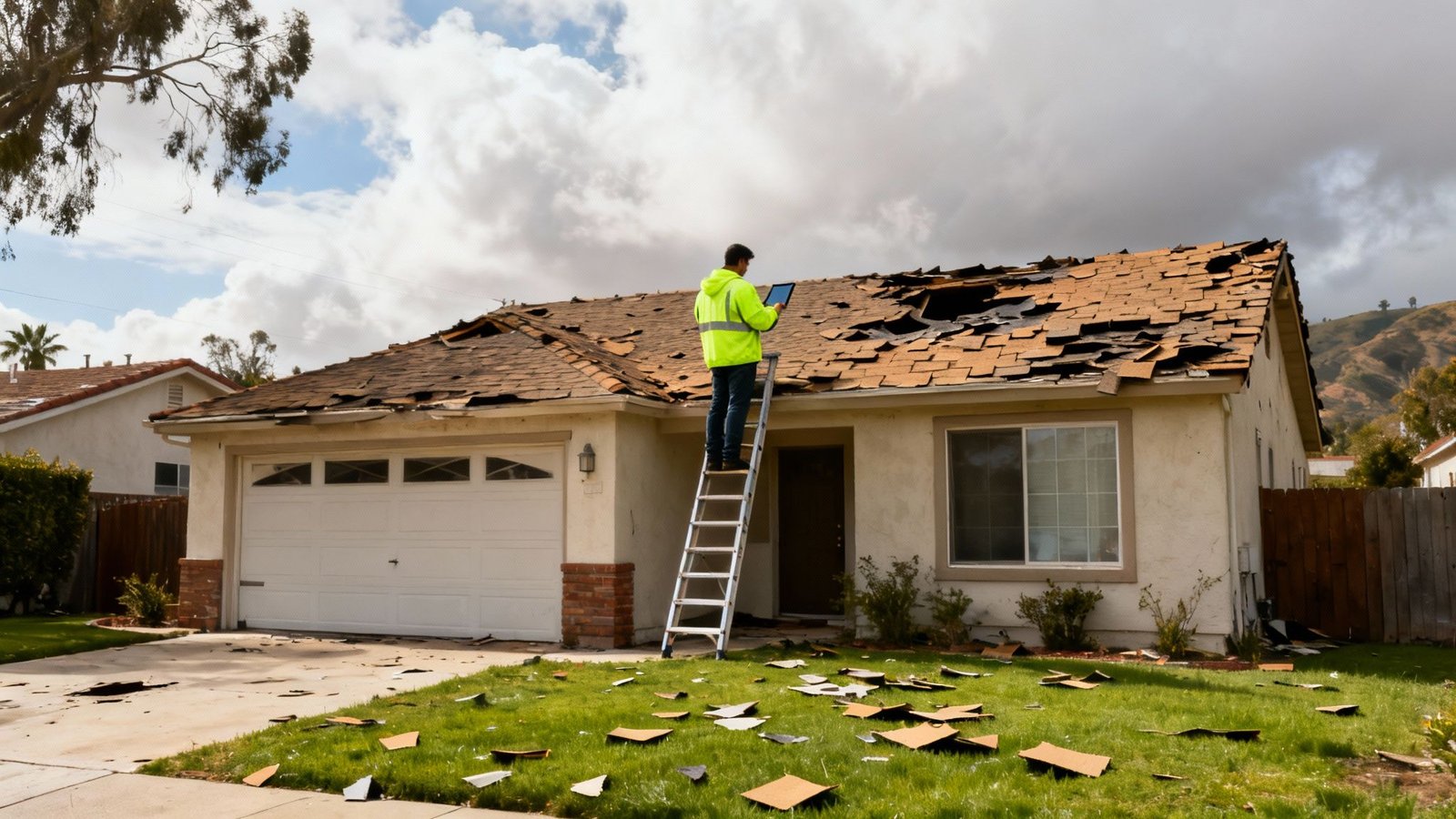 A man in a safety vest on a ladder inspects a house roof severely damaged by a storm, with debris on the lawn.