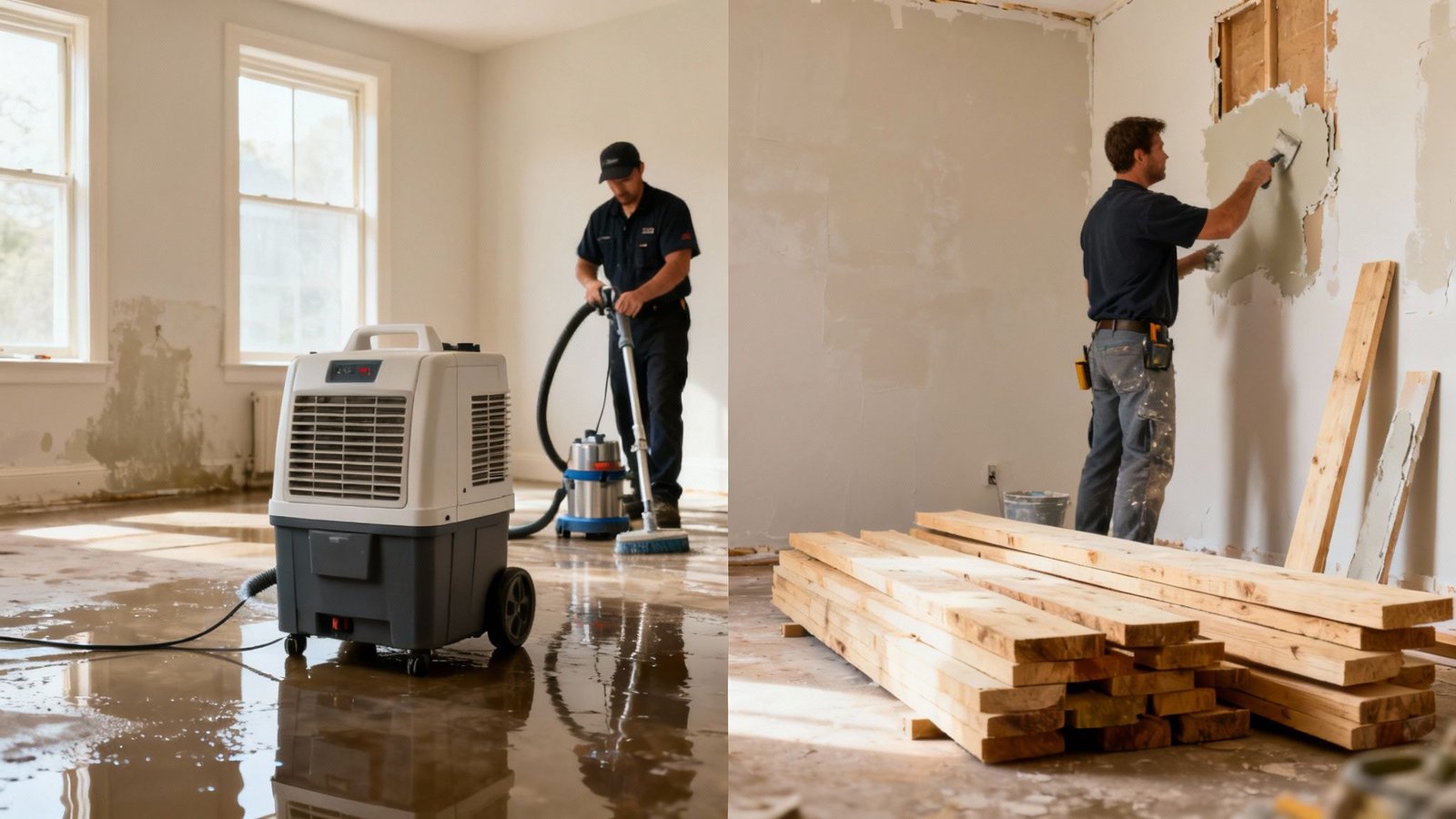 Two scenes showing professional restoration workers cleaning water damage and repairing a home.