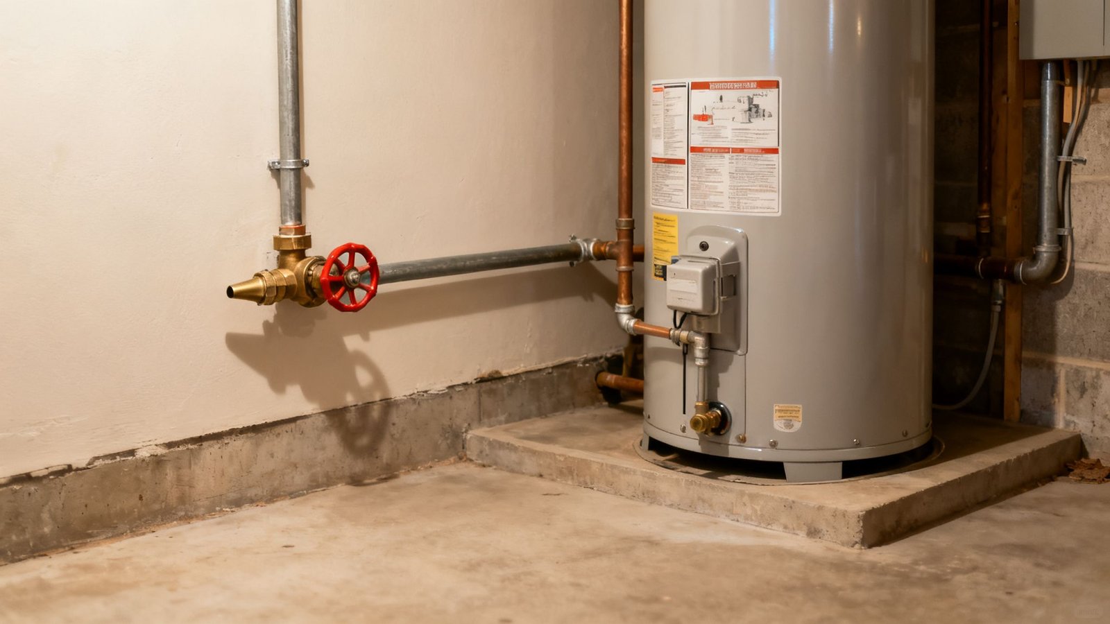 A gray water heater in a basement utility room, with a visible red main water valve and associated plumbing.