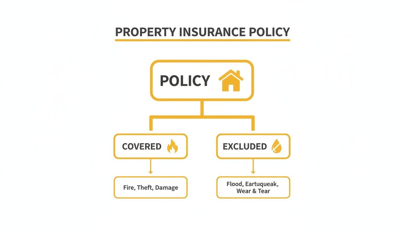 Flowchart explaining a property insurance policy, detailing covered events like fire and excluded items like flood.