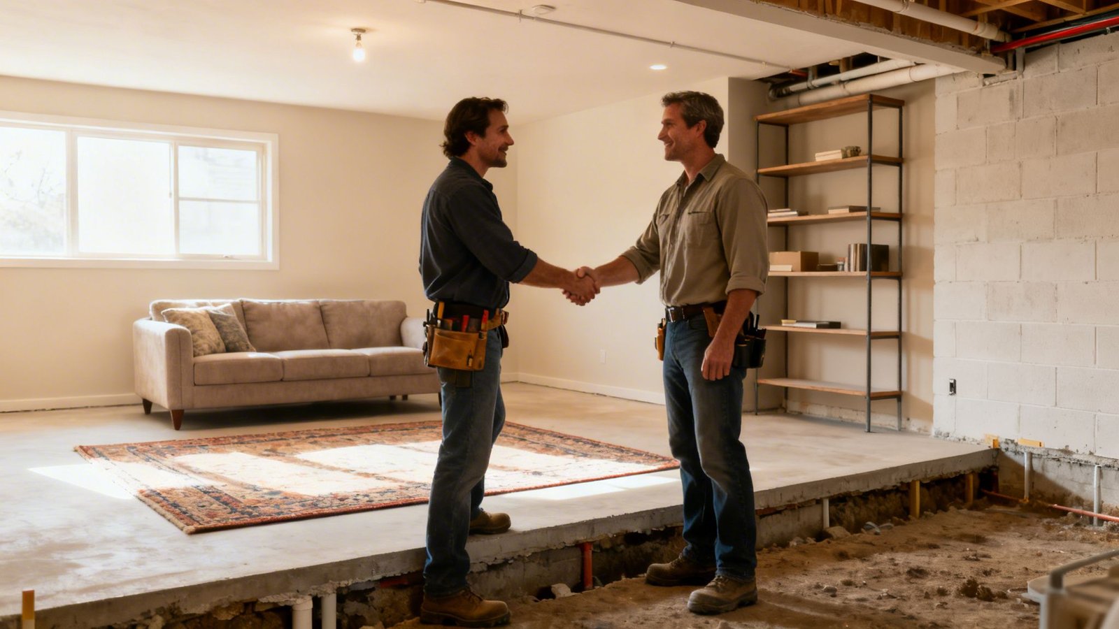 Two contractors shake hands in a basement, one part finished, the other under construction.