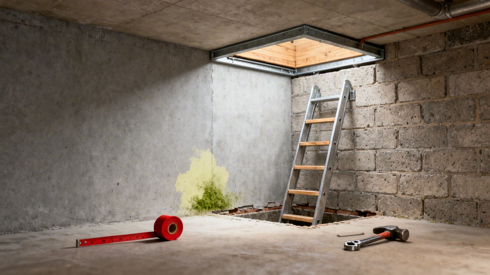 Unfinished basement showing a ladder, an open hatch, tools, and significant mold on the concrete wall, indicating water damage.