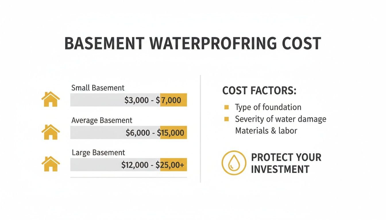 Infographic displaying basement waterproofing costs for small, average, and large basements, including cost factors.