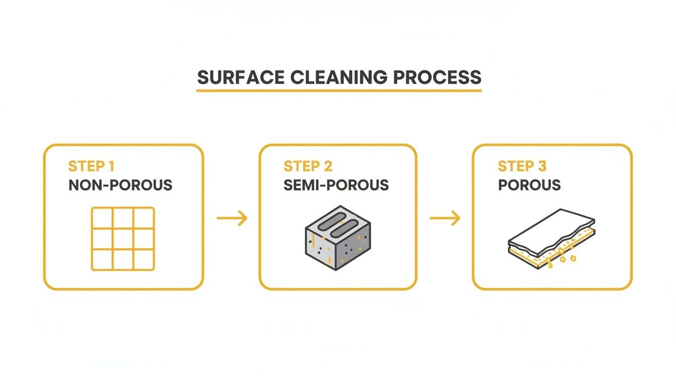 Diagram illustrating a surface cleaning process with three distinct steps for non-porous, semi-porous, and porous materials.