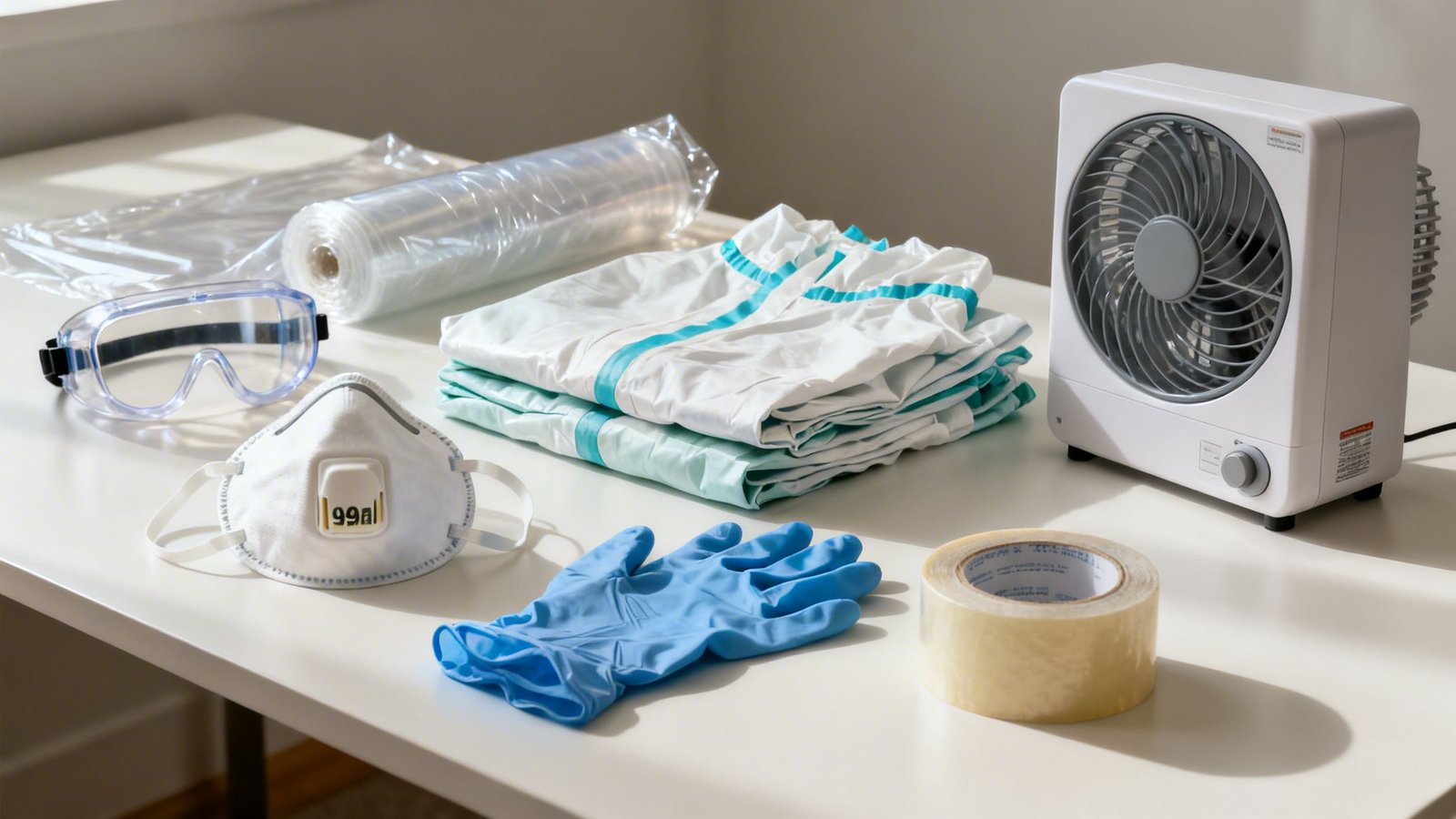 Table with safety goggles, mask, gloves, coveralls, plastic sheeting, tape, and a fan for cleaning.