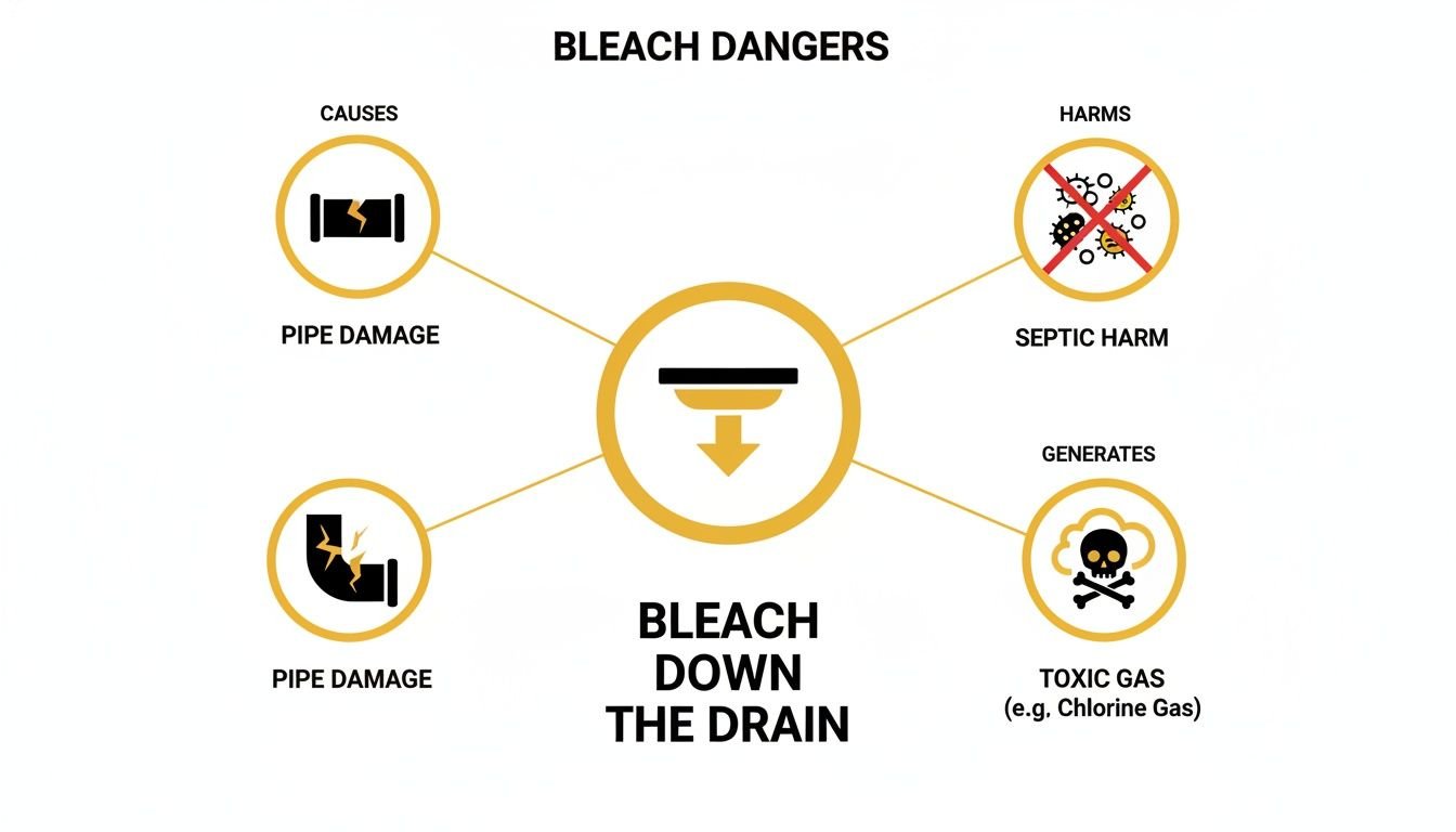 Infographic on bleach dangers, showing how pouring it down the drain causes pipe damage, septic harm, and toxic gas.