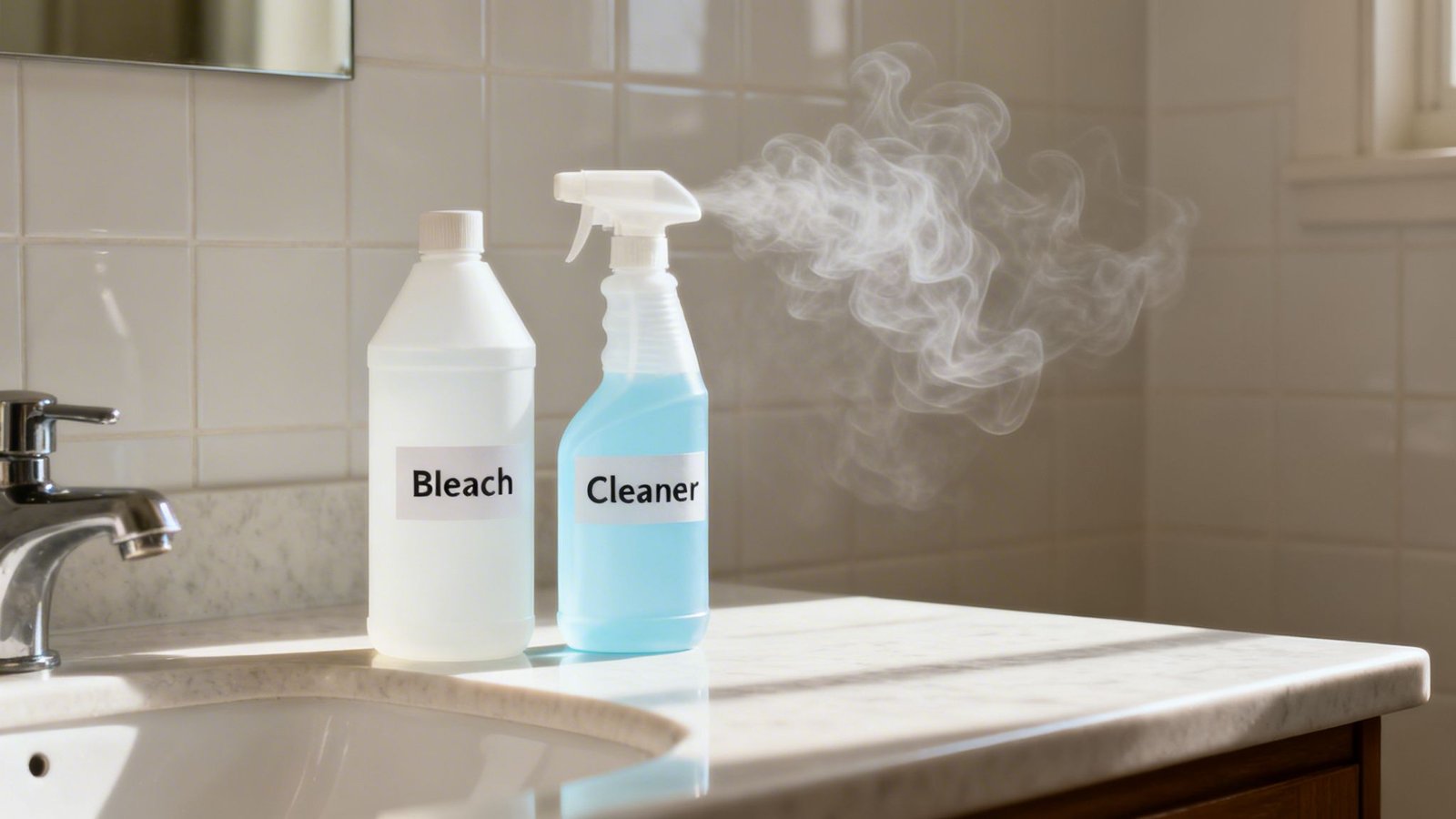 Bleach and cleaner bottles on a bathroom counter with reactive fumes, highlighting chemical mixing danger.
