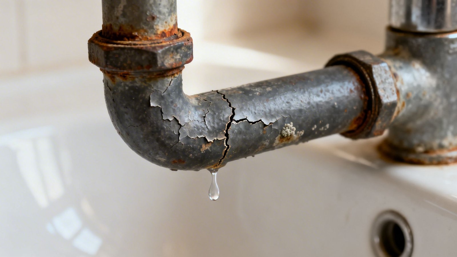A rusty, cracked metal pipe with peeling paint dripping water into a white sink, indicating a plumbing leak.