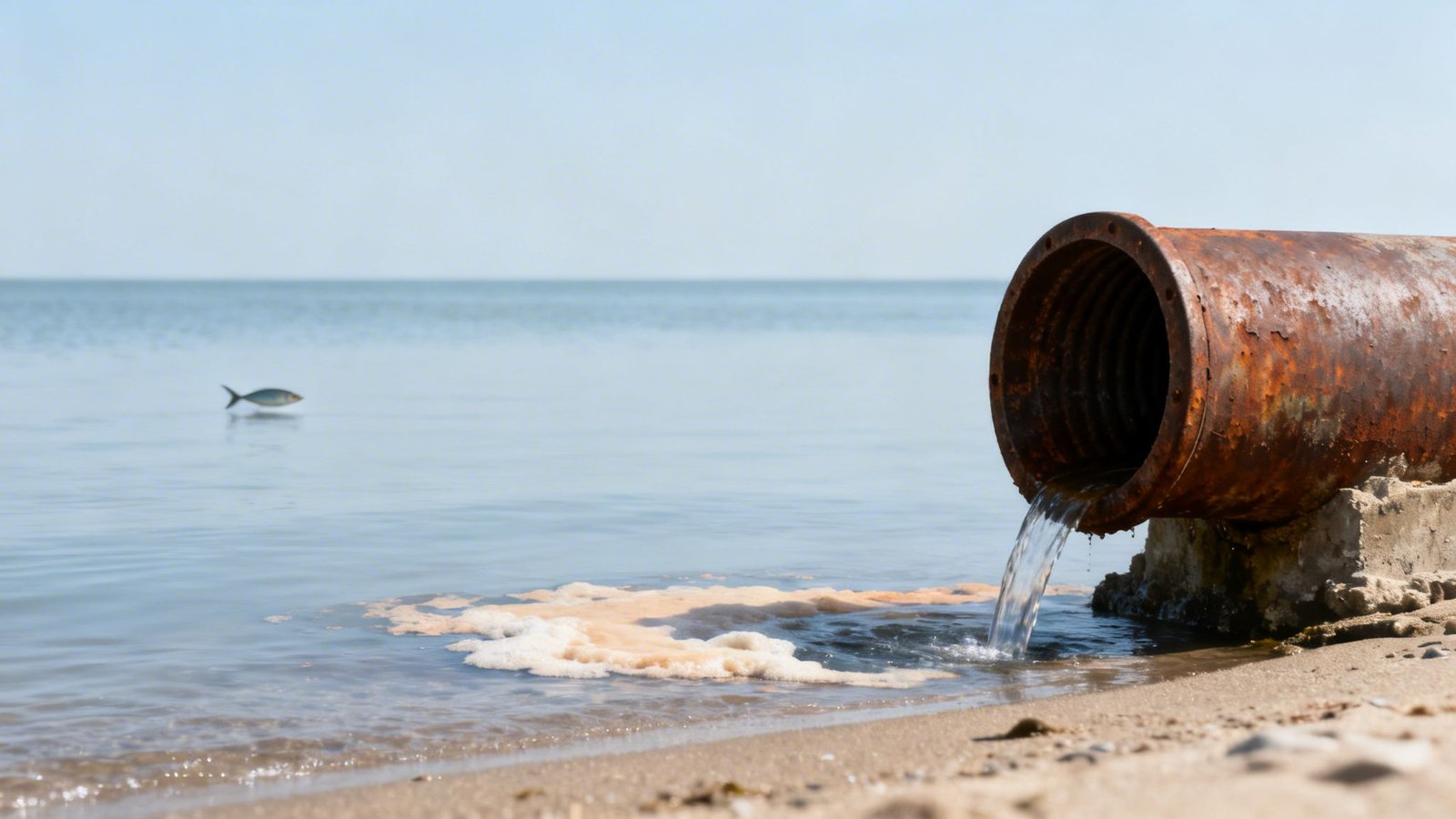 Rusty pipe discharges foamy, polluted water onto a sandy beach into a calm sea with a distant fish.