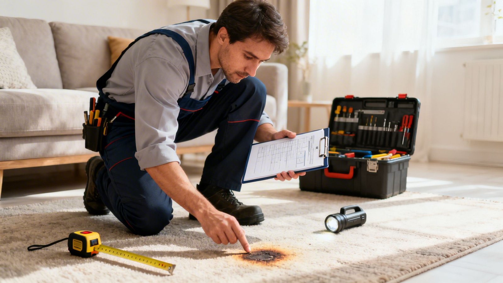A professional technician inspects a dark burn mark on a cream-colored carpet, holding a clipboard and pointing.