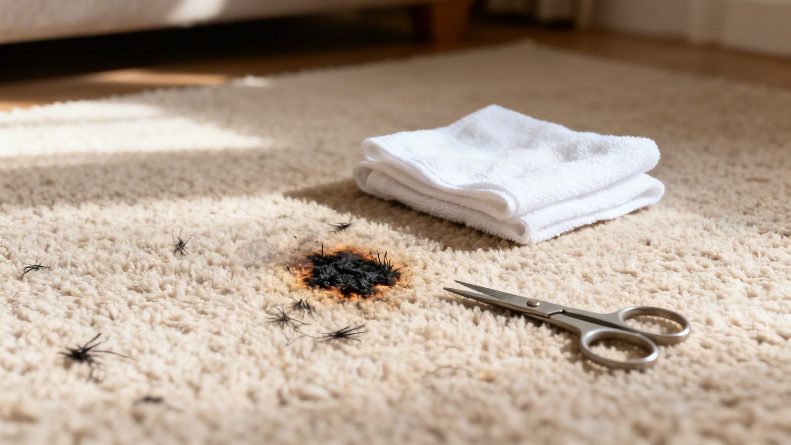 Close-up of a burnt spot on a beige carpet with scissors and white towels nearby, indicating repair.