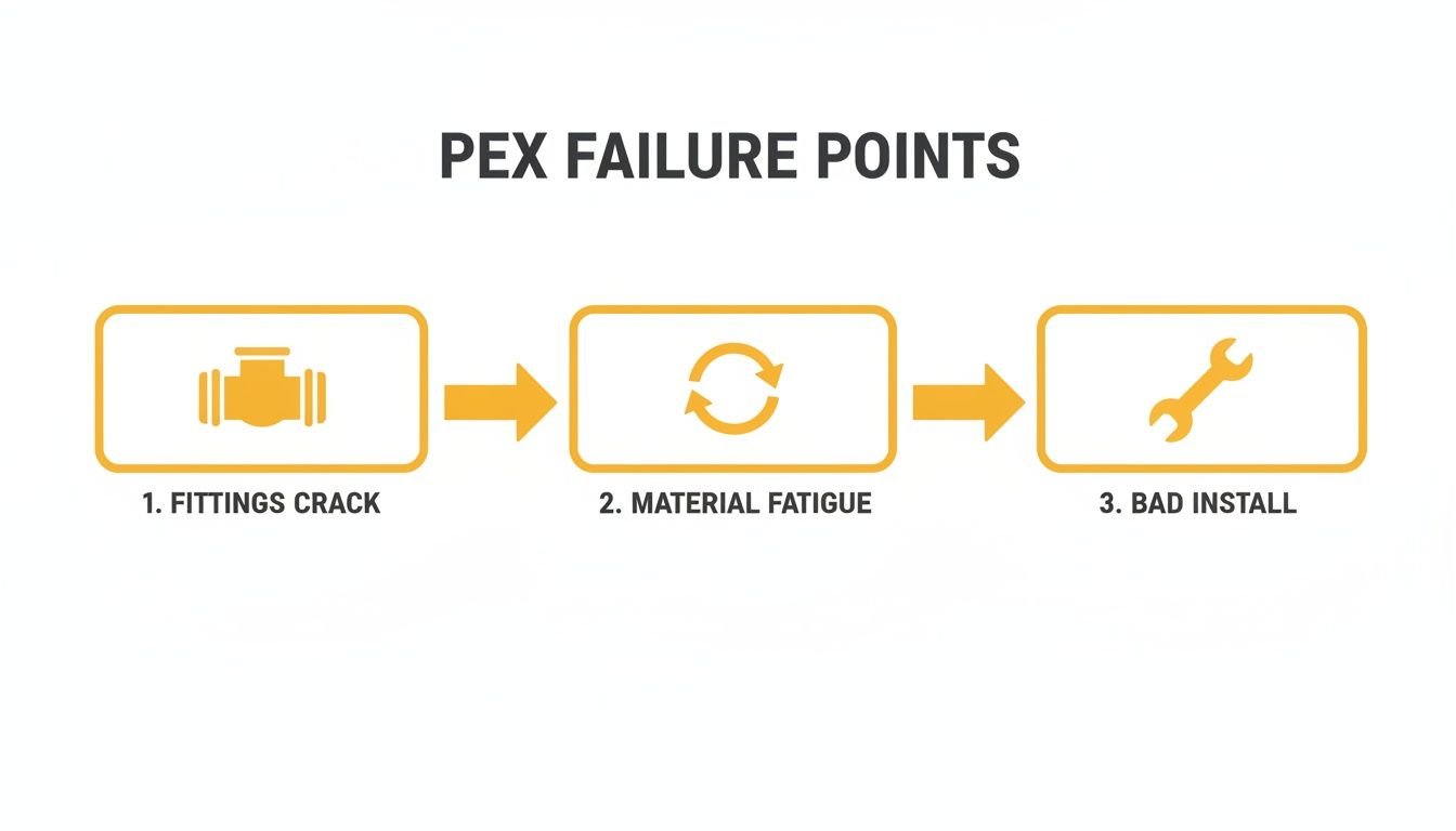 Diagram illustrating three common PEX failure points: fittings crack, material fatigue, and bad installation.