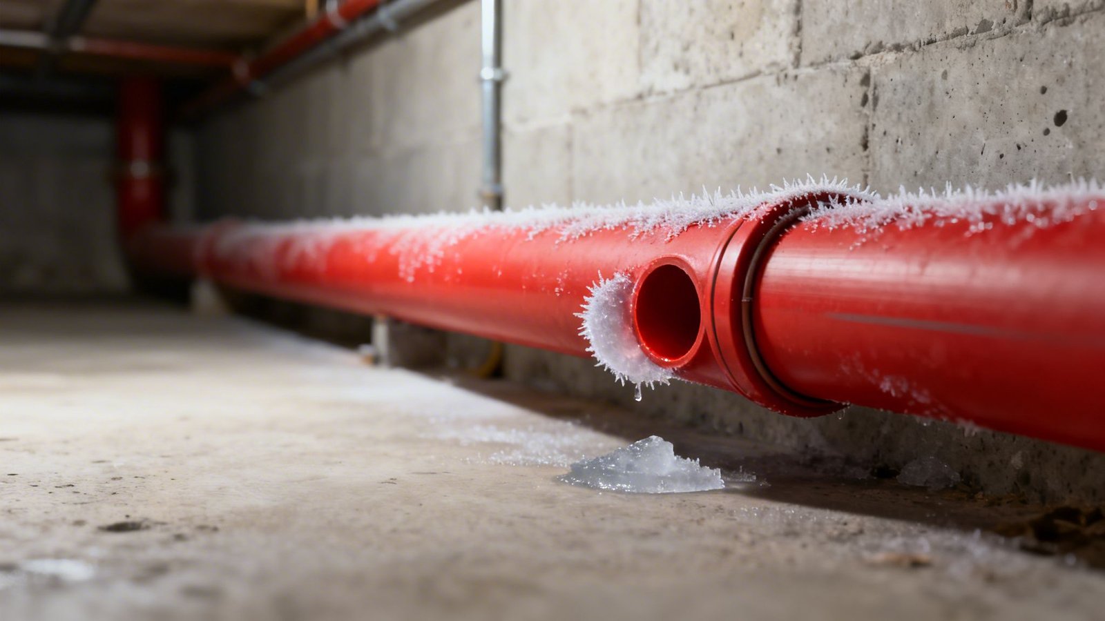 A red PEX pipe covered in white frost and ice crystals, with a puddle of ice underneath.