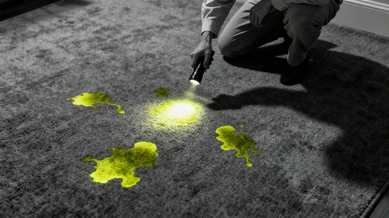 A person kneels, using a flashlight to reveal multiple glowing pet urine stains on a grey carpet.